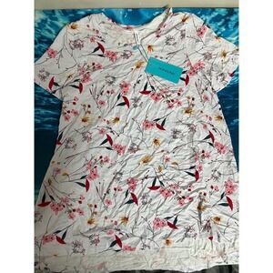 ☀️Popyoung Womens Floral Tunic Top White Pink Short Sleeve Crew Neck Rayon SizeM